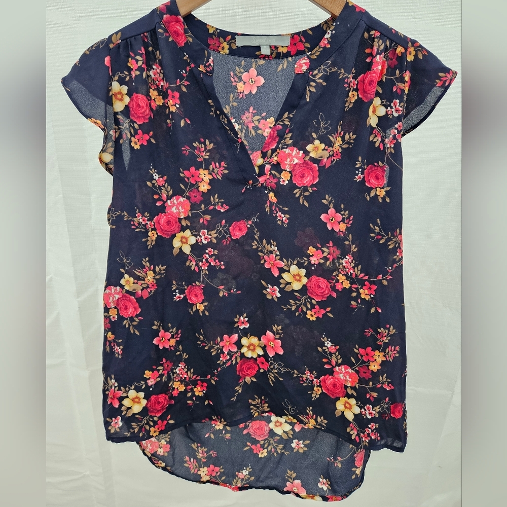 Sweet Rain Navy and Pink Floral Blouse, Size Medium